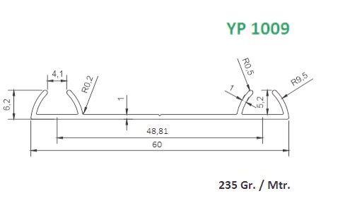 YP 1009 ALUMINUM BOTTOM RAIL PROFILE